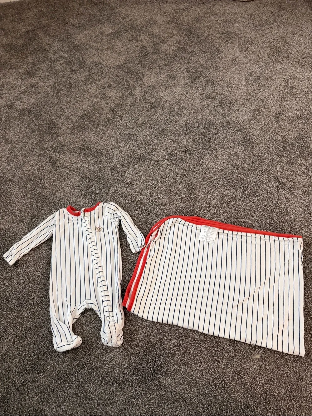 Angel Dear Striped White and Navy Baby Baseball Pajamas with Matching Blanket